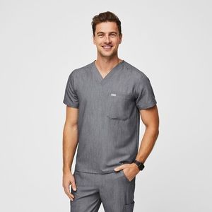 FIGS Mens Leon Three-Pocket Grey Short Sleeve Scrub Top Nurse Medical Workwear